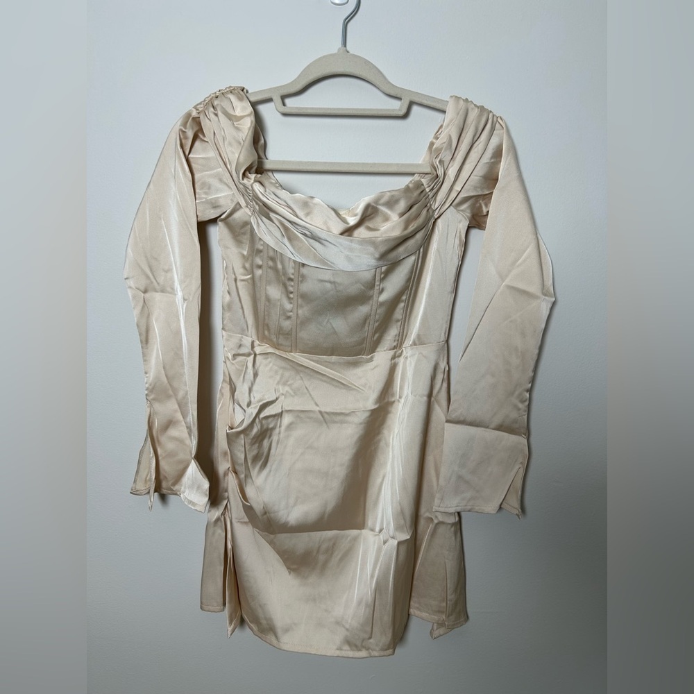 PrettyLittleThing Champagne Satin Pleat Detail Bardot Flared Sleeve Shift Dress